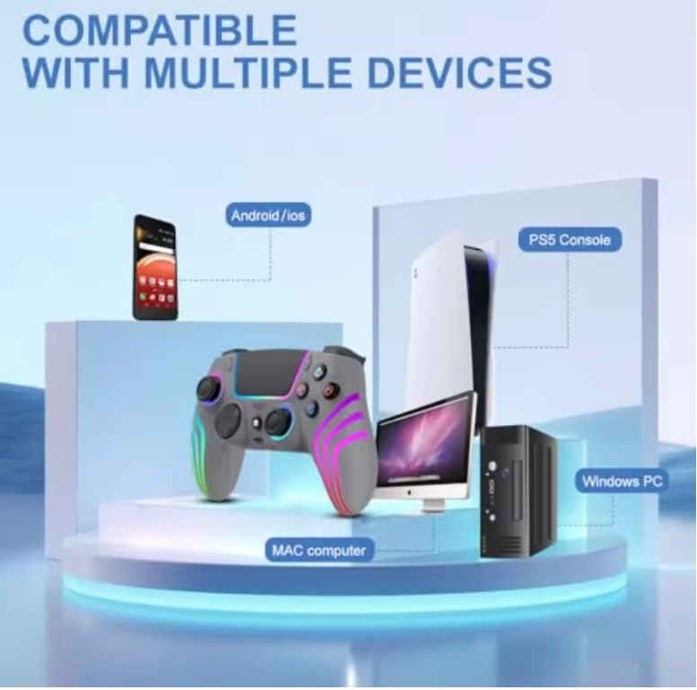 Wireless Controller for PS5 with RGB Lighting Compatible with PS5 Controller/Windows PC /Android/iOS (Gray)